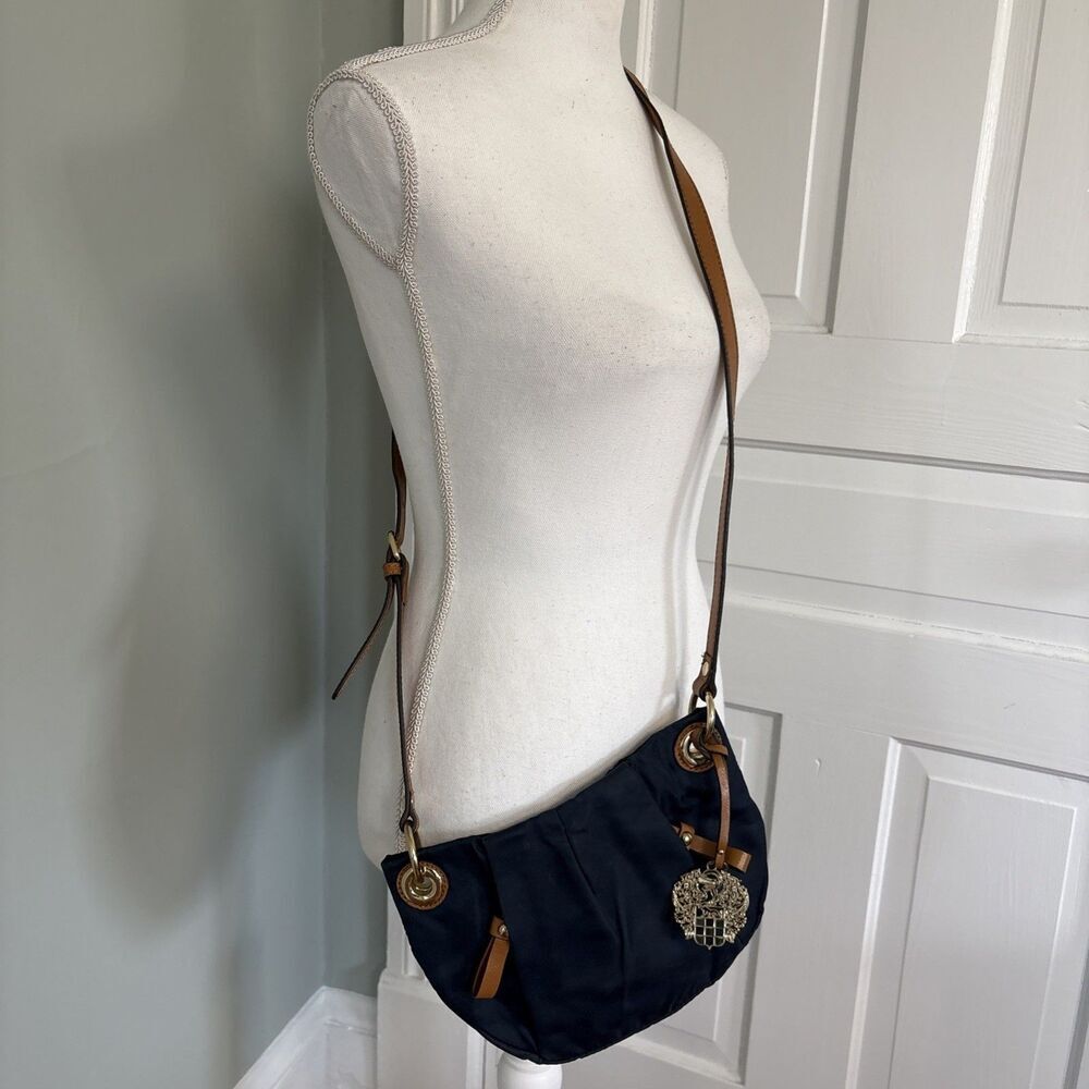Vince Camuto Cris Blue Nylon Brown Leather‎ Crossbody Tassel Bag Gold